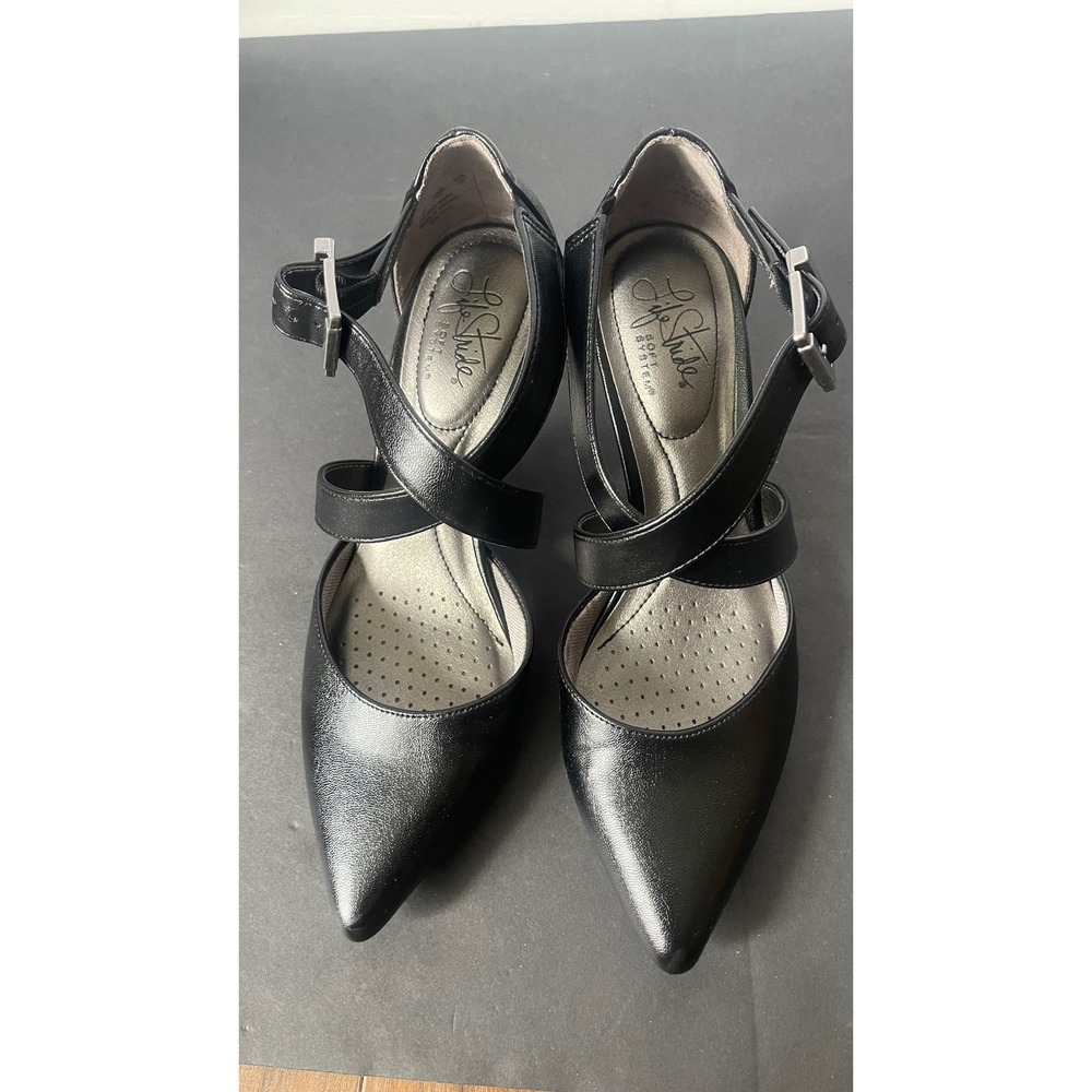 LifeStride Soft System Black Crisscross Ankle Strap Pointed Toe Pumps Heels 7M